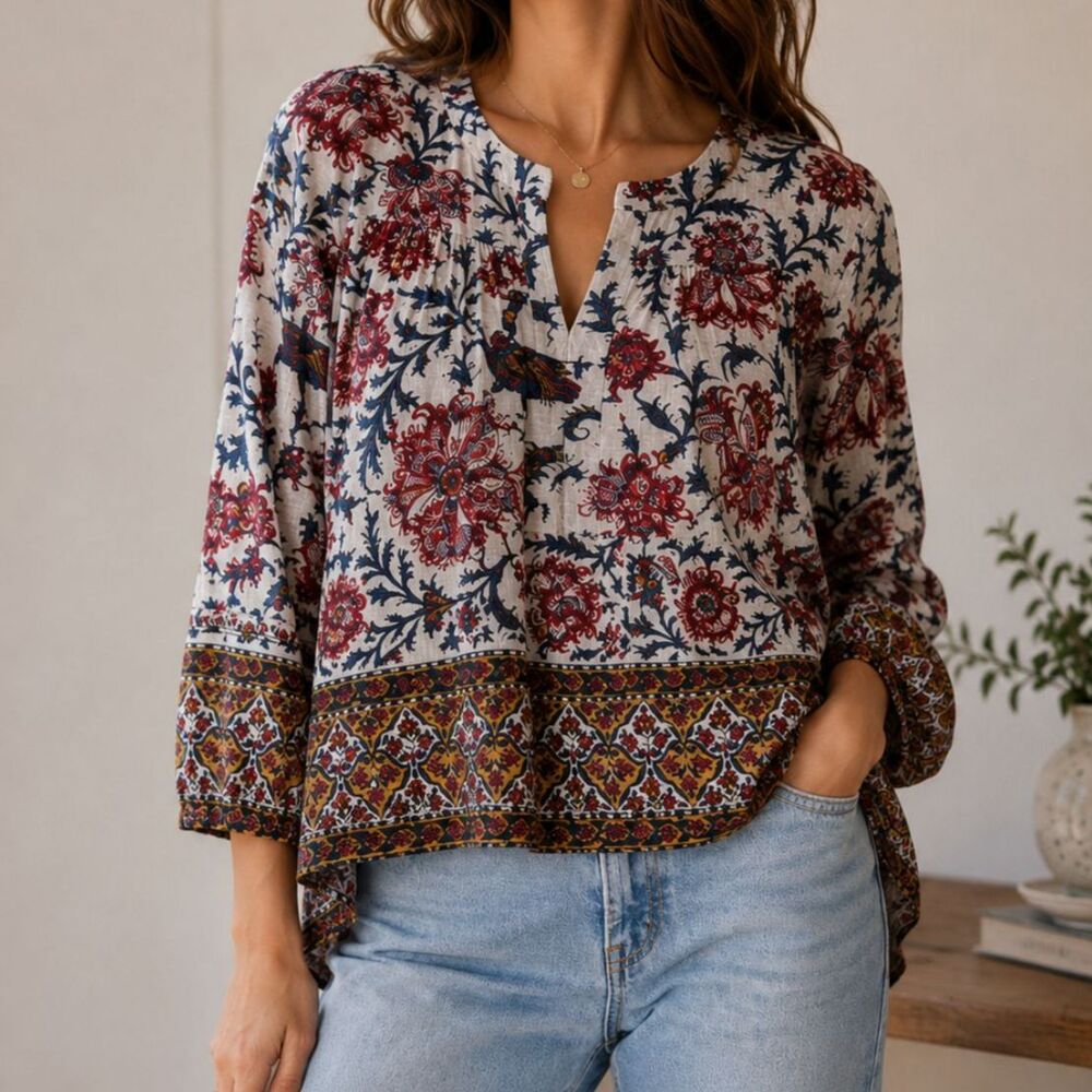 Lucky Brand XL Floral Bird Border Print Boho Peasant Blouse Romantic Folk Top